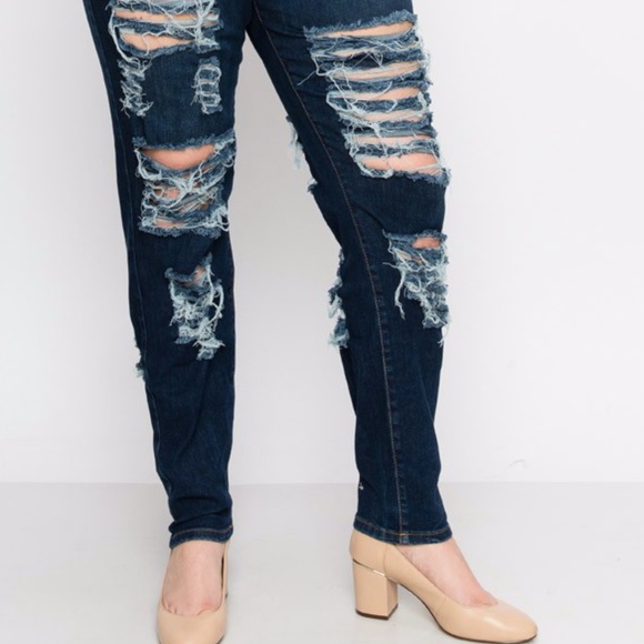 Plus Size Dark Denim Distressed Jeans - Picture 4 of 4